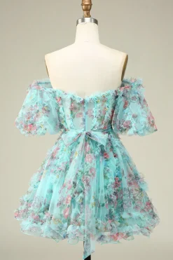 Lindo A Line Off the Shoulder Green Tulle Short Homecoming Dress com mangas curtas