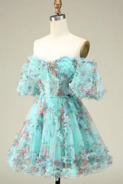 Lindo A Line Off the Shoulder Green Tulle Short Homecoming Dress com mangas curtas