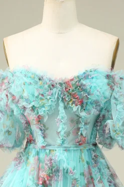 Lindo A Line Off the Shoulder Green Tulle Short Homecoming Dress com mangas curtas