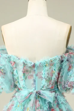 Lindo A Line Off the Shoulder Green Tulle Short Homecoming Dress com mangas curtas