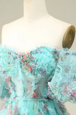 Lindo A Line Off the Shoulder Green Tulle Short Homecoming Dress com mangas curtas