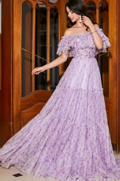 Lindo A Line Off the Shoulder Lilás Vestido Longo Floral Baile de Formatura com Folhos