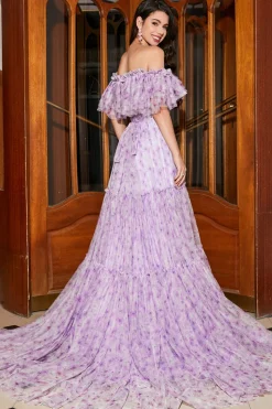 Lindo A Line Off the Shoulder Lilás Vestido Longo Floral Baile de Formatura com Folhos