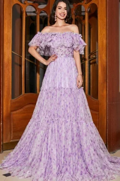 Lindo A Line Off the Shoulder Lilás Vestido Longo Floral Baile de Formatura com Folhos