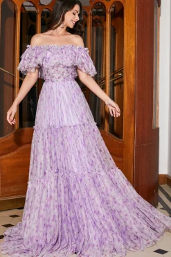 Lindo A Line Off the Shoulder Lilás Vestido Longo Floral Baile de Formatura com Folhos