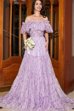 Lindo A Line Off the Shoulder Lilás Vestido Longo Floral Baile de Formatura com Folhos