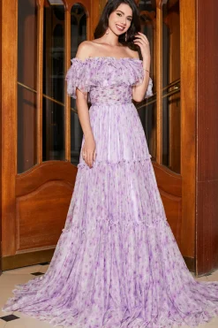 Lindo A Line Off the Shoulder Lilás Vestido Longo Floral Baile de Formatura com Folhos