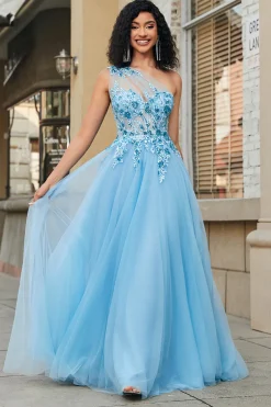 Lindo A Line One Shoulder Light Blue Corset Prom Dress com Appliques