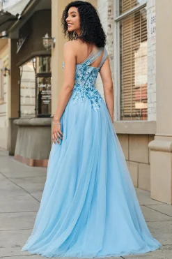 Lindo A Line One Shoulder Light Blue Corset Prom Dress com Appliques