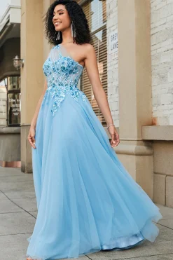 Lindo A Line One Shoulder Light Blue Corset Prom Dress com Appliques