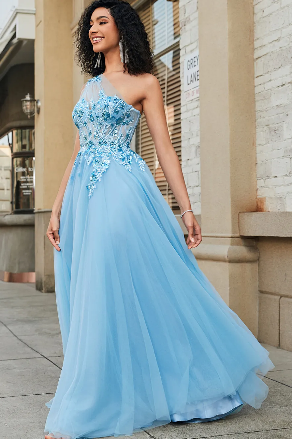 Lindo A Line One Shoulder Light Blue Corset Prom Dress com Appliques