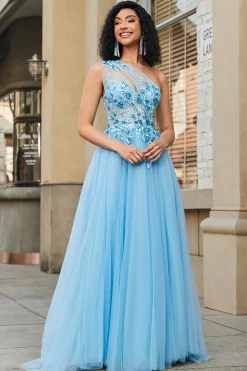 Lindo A Line One Shoulder Light Blue Corset Prom Dress com Appliques