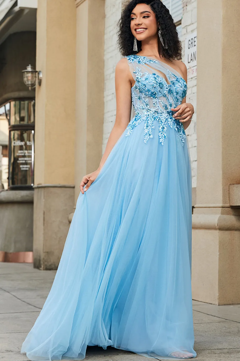 Lindo A Line One Shoulder Light Blue Corset Prom Dress com Appliques