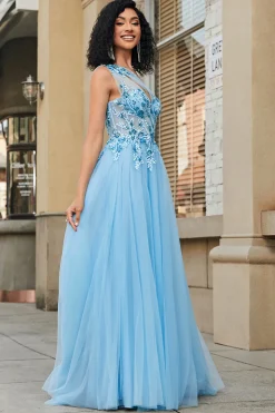 Lindo A Line One Shoulder Light Blue Corset Prom Dress com Appliques