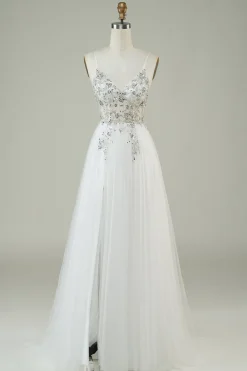 Lindo A Line Spaghetti Correias Tule Branco Vestido de Noiva Longo com Missangas