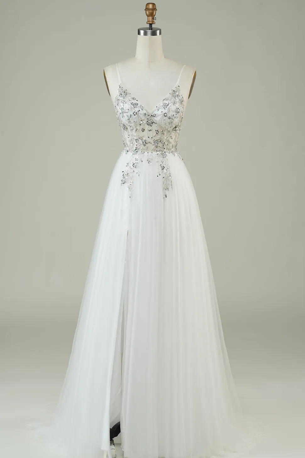 Lindo A Line Spaghetti Correias Tule Branco Vestido de Noiva Longo com Missangas