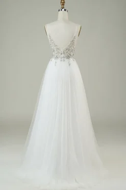 Lindo A Line Spaghetti Correias Tule Branco Vestido de Noiva Longo com Missangas
