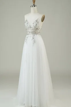 Lindo A Line Spaghetti Correias Tule Branco Vestido de Noiva Longo com Missangas