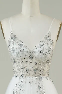 Lindo A Line Spaghetti Correias Tule Branco Vestido de Noiva Longo com Missangas