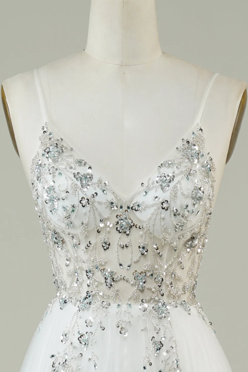 Lindo A Line Spaghetti Correias Tule Branco Vestido de Noiva Longo com Missangas