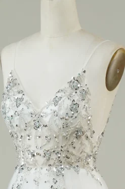 Lindo A Line Spaghetti Correias Tule Branco Vestido de Noiva Longo com Missangas