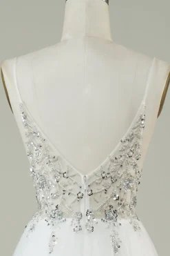 Lindo A Line Spaghetti Correias Tule Branco Vestido de Noiva Longo com Missangas