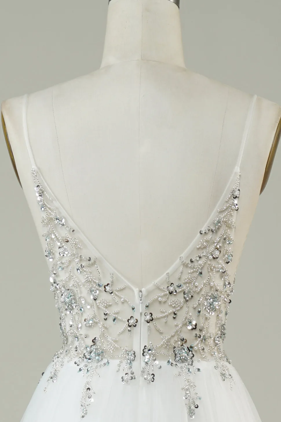 Lindo A Line Spaghetti Correias Tule Branco Vestido de Noiva Longo com Missangas