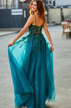 Lindo A Line Spaghetti Correias Verde Escuro Vestido de Baile Longo com Apliques