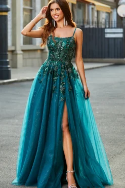 Lindo A Line Spaghetti Correias Verde Escuro Vestido de Baile Longo com Apliques