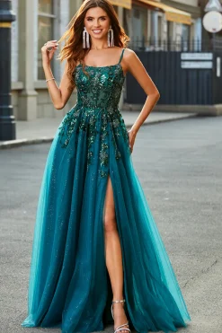 Lindo A Line Spaghetti Correias Verde Escuro Vestido de Baile Longo com Apliques