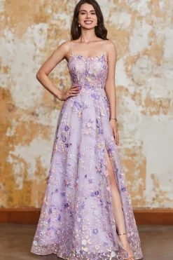 Lindo A Line Spaghetti Straps Light Purple Long Prom Dress com Apliques