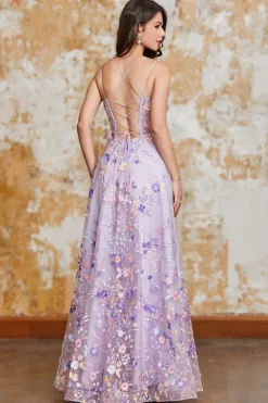 Lindo A Line Spaghetti Straps Light Purple Long Prom Dress com Apliques