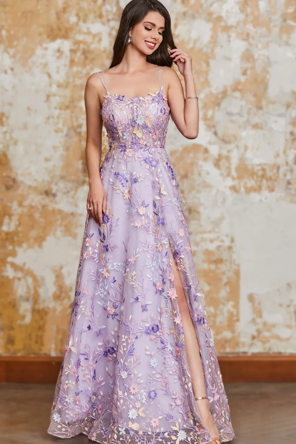 Lindo A Line Spaghetti Straps Light Purple Long Prom Dress com Apliques