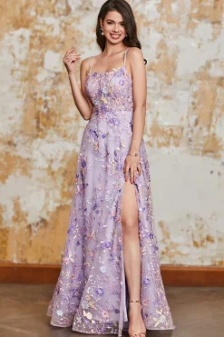 Lindo A Line Spaghetti Straps Light Purple Long Prom Dress com Apliques