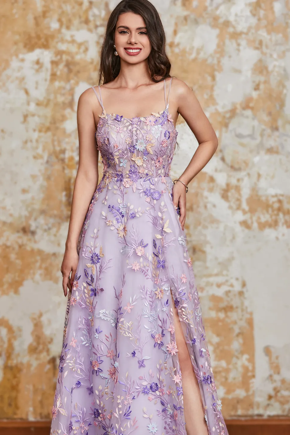 Lindo A Line Spaghetti Straps Light Purple Long Prom Dress com Apliques