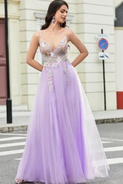 Lindo A Line Spaghetti Straps Lilac Long Prom Dress com Apliques