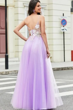Lindo A Line Spaghetti Straps Lilac Long Prom Dress com Apliques