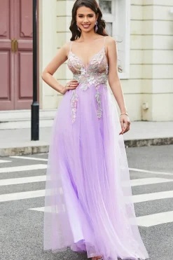 Lindo A Line Spaghetti Straps Lilac Long Prom Dress com Apliques