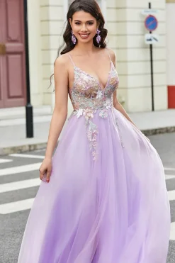 Lindo A Line Spaghetti Straps Lilac Long Prom Dress com Apliques
