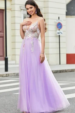 Lindo A Line Spaghetti Straps Lilac Long Prom Dress com Apliques