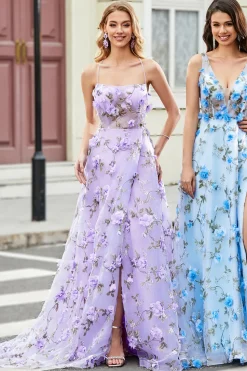 Lindo A Line Spaghetti Straps Lilac Long Prom Dress com flores 3D