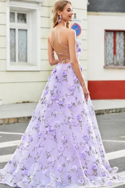 Lindo A Line Spaghetti Straps Lilac Long Prom Dress com flores 3D