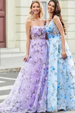 Lindo A Line Spaghetti Straps Lilac Long Prom Dress com flores 3D