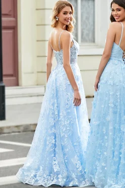 Lindo A Line Spaghetti Straps Sky Blue Corset Prom Dress com Apliques