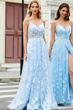 Lindo A Line Spaghetti Straps Sky Blue Corset Prom Dress com Apliques