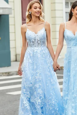 Lindo A Line Spaghetti Straps Sky Blue Corset Prom Dress com Apliques