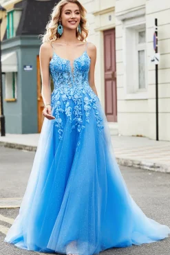 Lindo A Line Spaghetti Straps Blue Long Prom Dress com Apliques