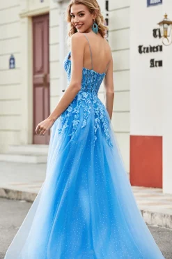 Lindo A Line Spaghetti Straps Blue Long Prom Dress com Apliques