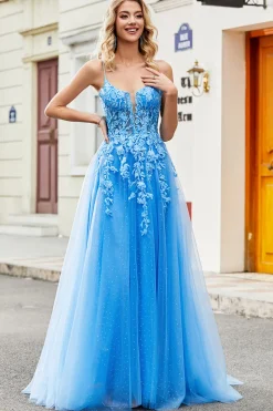 Lindo A Line Spaghetti Straps Blue Long Prom Dress com Apliques