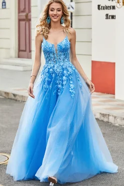 Lindo A Line Spaghetti Straps Blue Long Prom Dress com Apliques